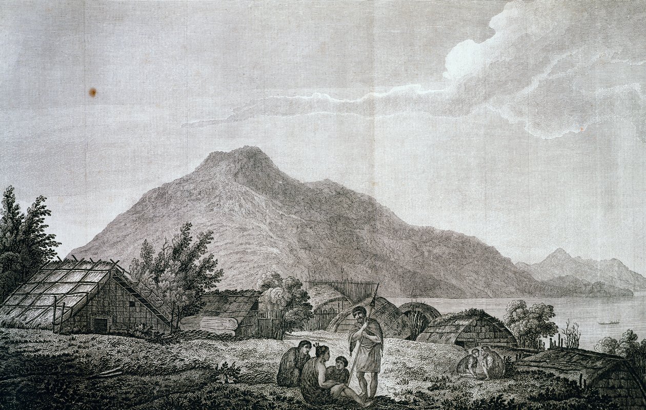 Dentro de hippah na ilha de Motuara, baseado em desenho de John Webber (1750-1793), de relato da última viagem de James Cook (1776-1779). gravura de John Webber