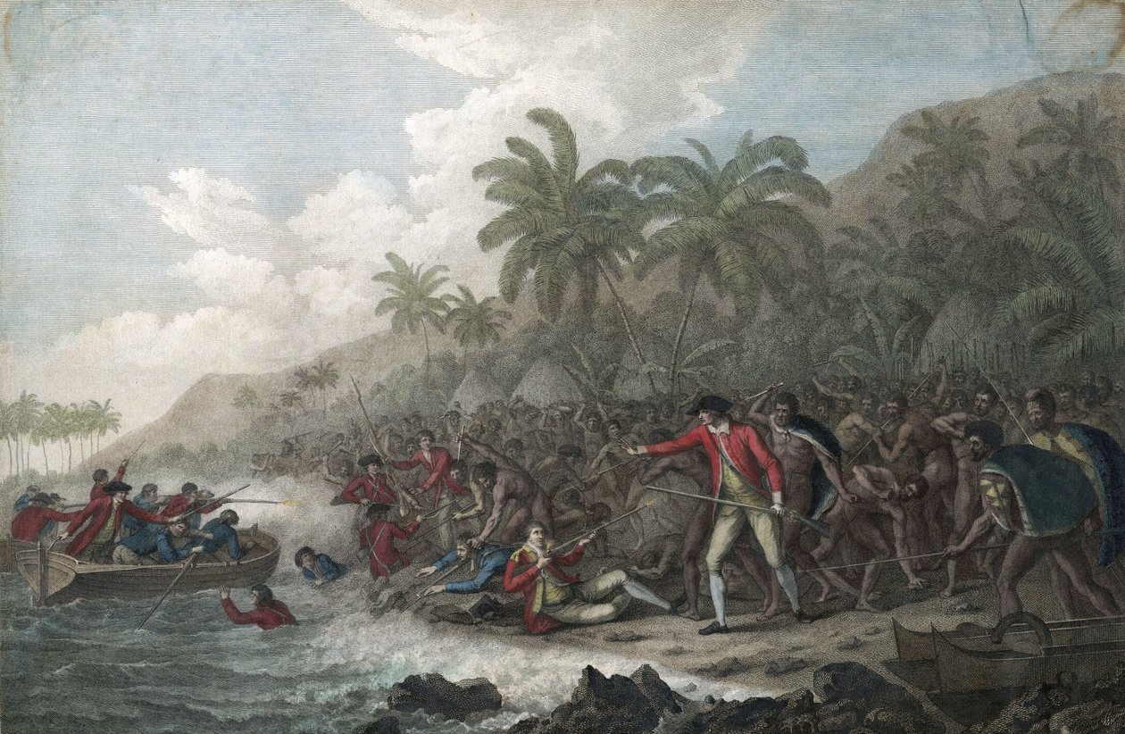 Capitão James Cook (1728-1779, explorador britânico) morto por havaianos nativos em Kealakekua Bay, Ilhas Sandwich (Polinésia), em 1779 - A Morte do Capitão James Cook em 14 de fevereiro de John Webber