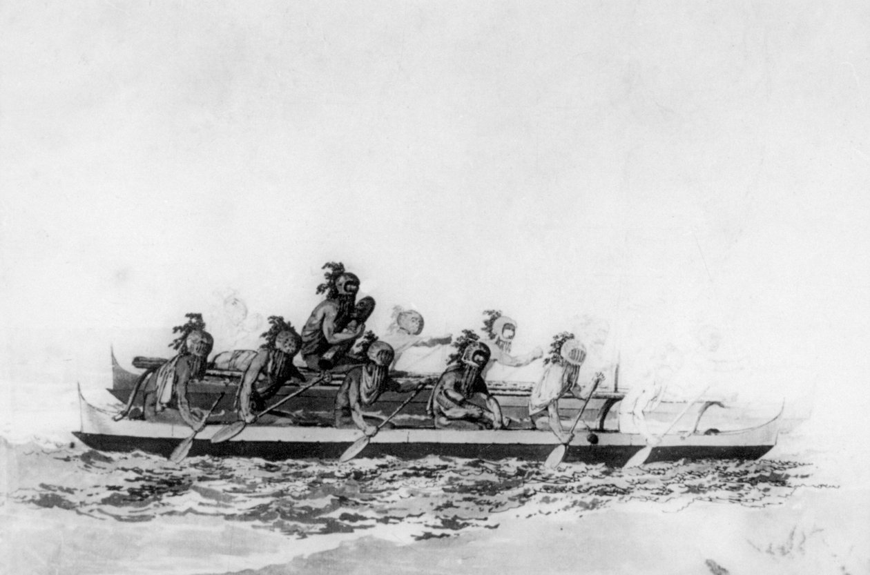 Havaianos mascarados em uma canoa dupla, c1770-1793. de John Webber