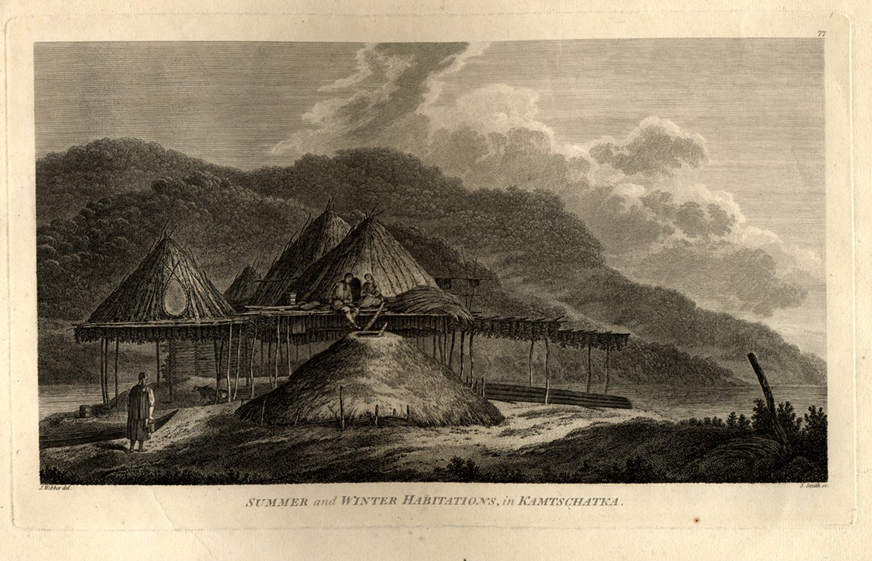 Habitações de verão e inverno em Kamchatka desde a viagem ao Oceano Pacífico, 1785 de John Webber