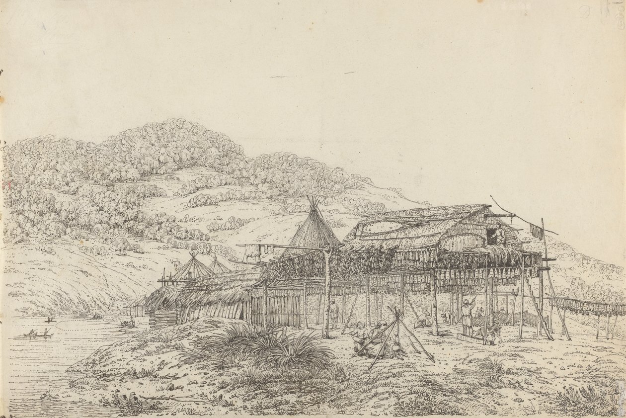 Os Balagans ou Habitações de Verão, com o Método de Secagem de Peixes, em São Pedro e Paulo, Kamtschatka de John Webber