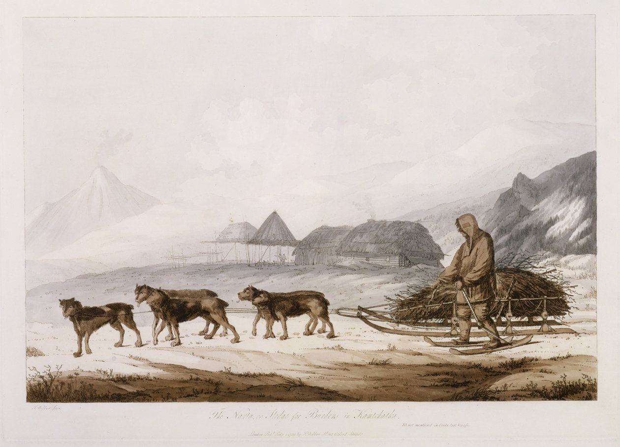 O Narta, ou Sledge for Burdens em Kamtschatka, de "Views in the South Seas", pub. 1789 de John Webber
