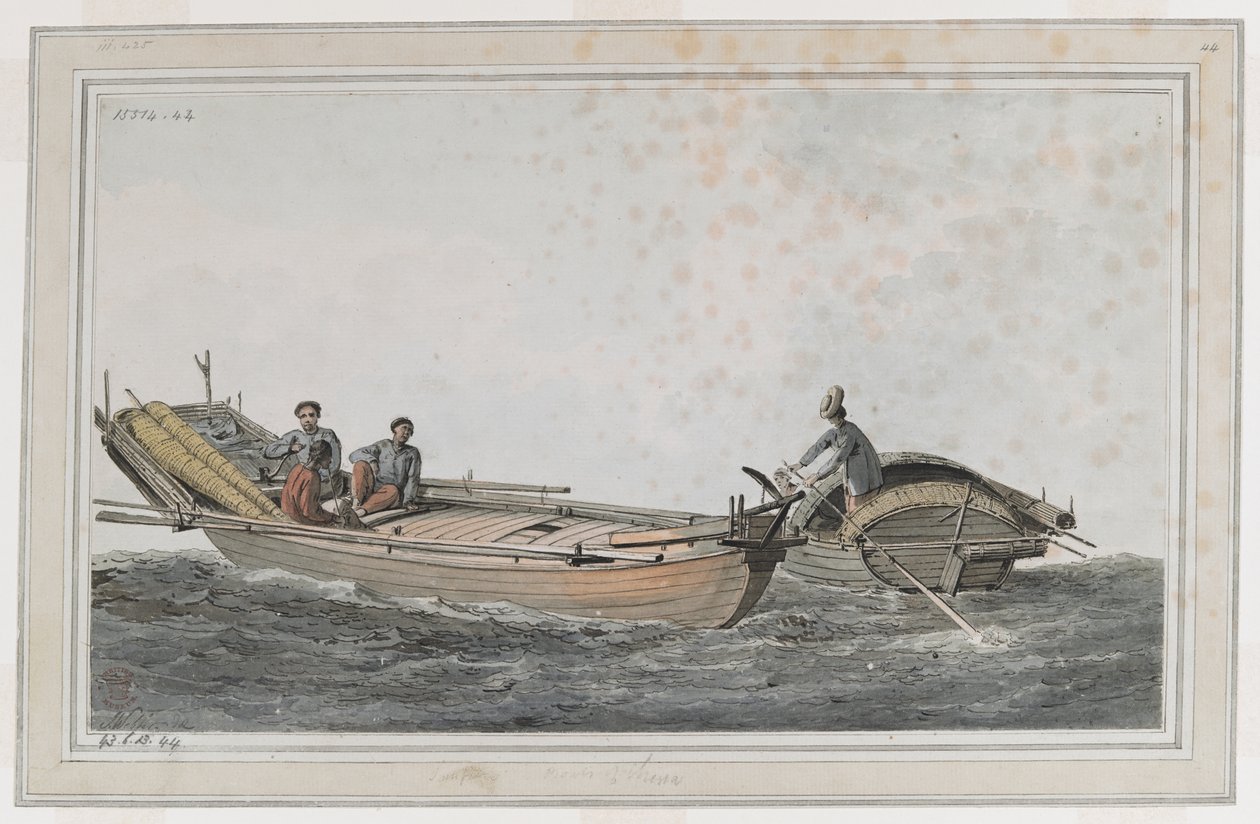 Dois pequenos barcos, com três figuras num e duas no outro. de John Webber