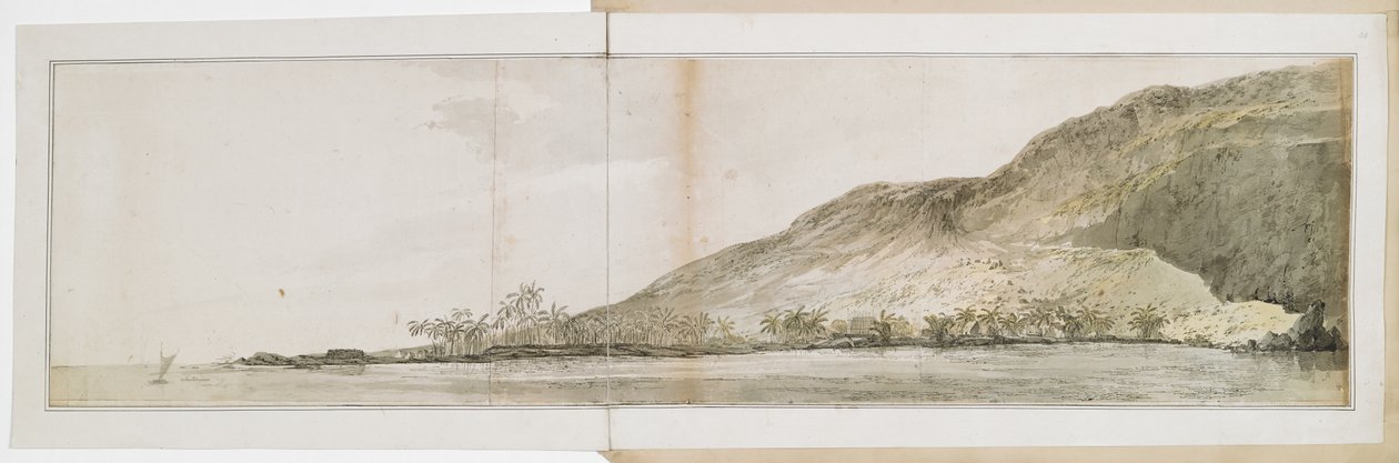 Vista da ponta norte da baía de Kealakekua, na ilha do Havai, tirada do "Resolution". Foi feita durante a visita às ilhas havaianas de 17 de janeiro a 23 de fevereiro de 1779, onde o Capitão Cook foi morto em 14 de fevereiro, na Terceira Viagem. de John Webber