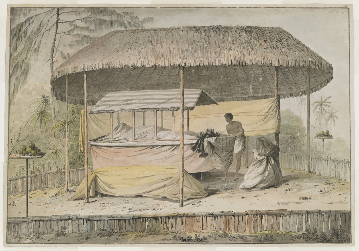 Waheiadooa, chefe de Oheitepeha, deitado, registado pelo capitão Cook durante a sua visita ao Taiti em 19 de agosto de 1777. Um palco funerário suporta o cadáver amortalhado e um acompanhante. Estão abrigados por um toldo coberto de relva e rodeados por um de John Webber
