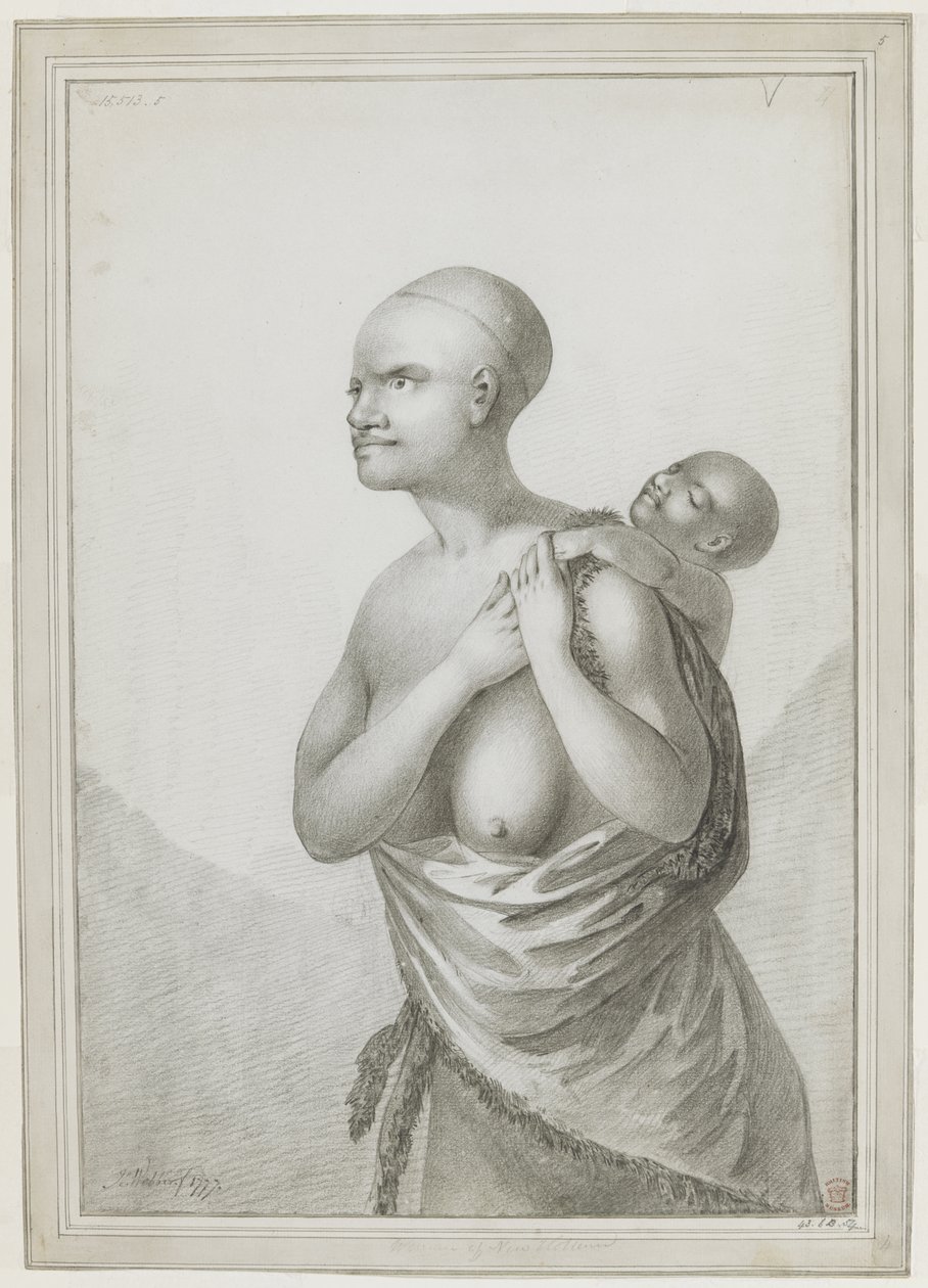 [Desenho completo] Uma mulher da Tasmânia carregando uma criança às costas, com uma pele pendurada do ombro esquerdo à volta da cintura. janeiro de 1777 de John Webber