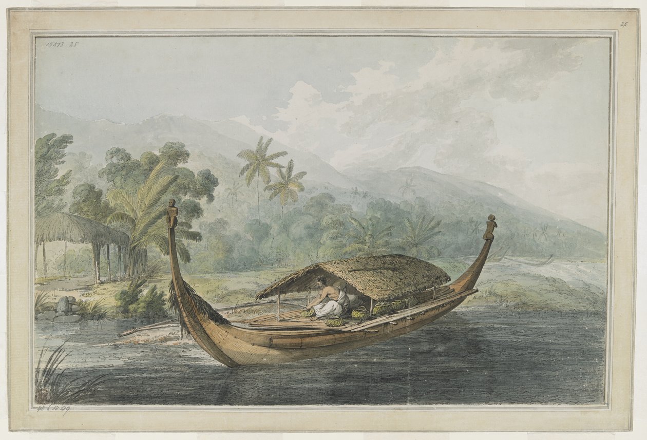 [Desenho completo] Uma canoa de Ulietea [Raiatea]. Um homem, com cestos nativos, senta-se nas tábuas de um pahi, que tem um teto de colmo. A cabeça e a popa são encimadas por uma figura esculpida de ti