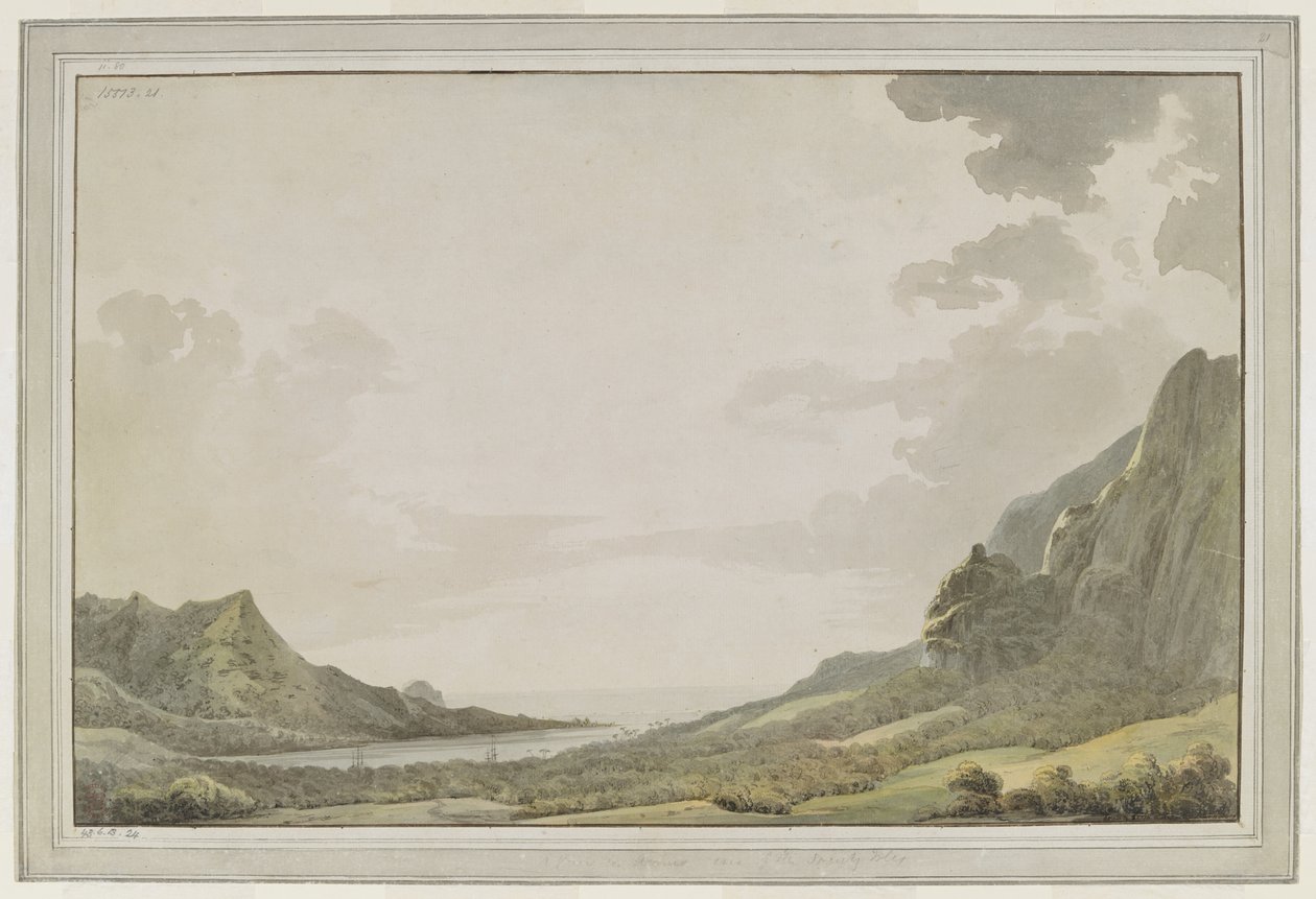 [Desenho completo]. Vista do porto de Aimeo [Baía de Papetoai], em direção ao mar; os mastros do "Resolution" e do "Discovery" são visíveis na baía. O Capitão Cook visitou Moorea em outubro de 1777 de John Webber