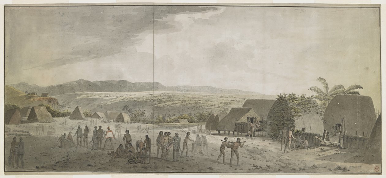 [Desenho da visita do Capitão Cook à aldeia de Waimea, Atooi [Kauai], janeiro de 1778. Alguns homens estão a enrolar barris, outros a negociar com havaianos. À direita, dois nativos carregam um porco amarrado a um poste. Atrás deles, cabanas de nativos e p de John Webber