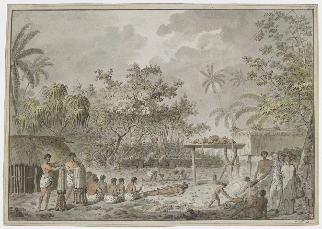 [Desenho completo] Sacrifício humano no grande morai de Attahouroo [Utuaimahurau], Taiti, testemunhado pelo Capitão Cook em 1 de setembro de 1777. Uma figura amarrada em primeiro plano, com homens a cavar um buraco para o corpo por trás, e a whatta com doi de John Webber