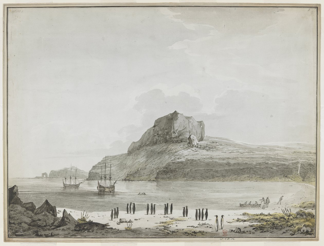 [Desenho completo] Vista do porto de Christmas, ilha de Kerguelen, com o Discovery e o Resolution ancorados. Dois barcos de guerra estão a sair, um deles desembarcando marinheiros na costa. Em primeiro plano, vinte pinguins em grupos e um leão-marinho. 25- de John Webber