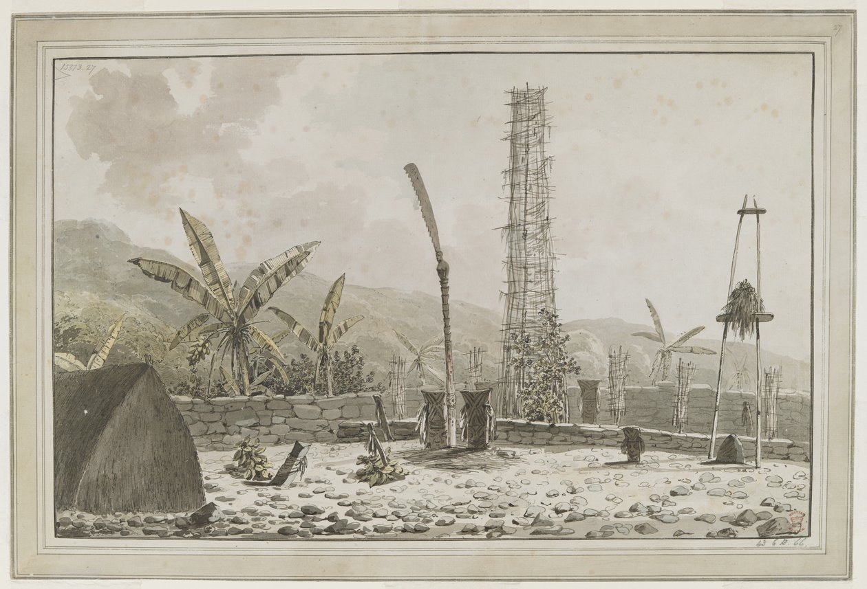 [Desenho completo] Vista de um "morai" ou local de enterro em Atooi [Kauai, Ilhas Havaianas], que inclui uma casa comprida e uma torre alta de trabalho aberto dentro de um recinto murado. Descrito no diário do Capitão Cook em 21 de janeiro de 1778 de John Webber