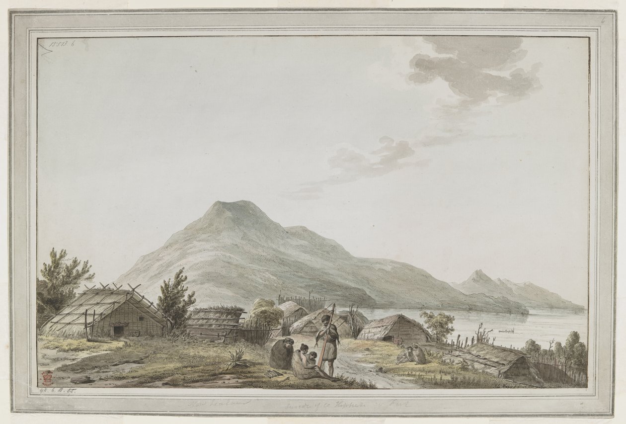 [Desenho completo] Vista da Hippah, ou aldeia fortificada, na ponta sudoeste de Motuara, em Queen Charlotte Sound. A vista está virada para norte, com Motuara em segundo plano. O desenho pode ter resultado da visita do Capitão Cook em 15 de fevereiro de 17 de John Webber