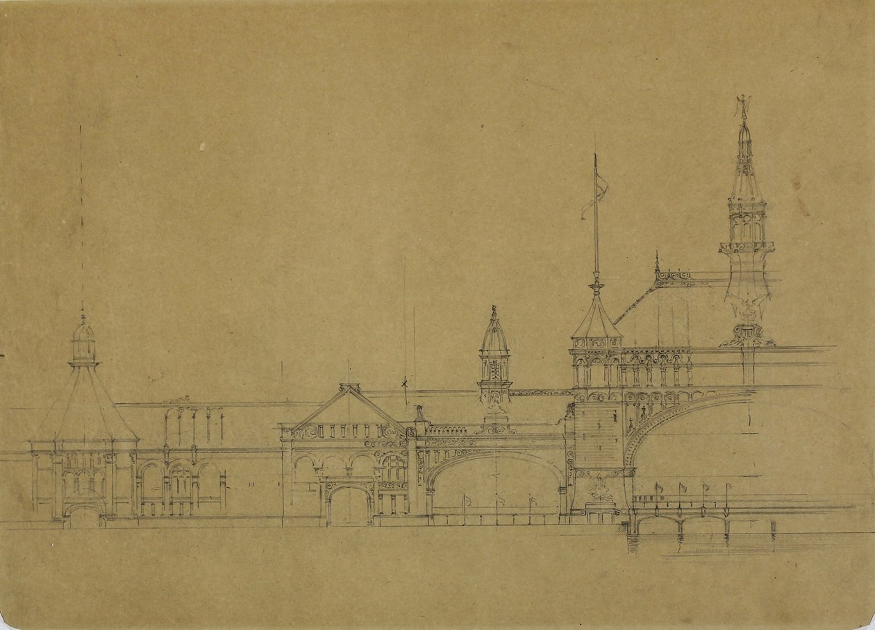 Edifícios da Exposição Mundial da Colômbia, Chicago, Illinois, esboço da elevação de John Wellborn Root