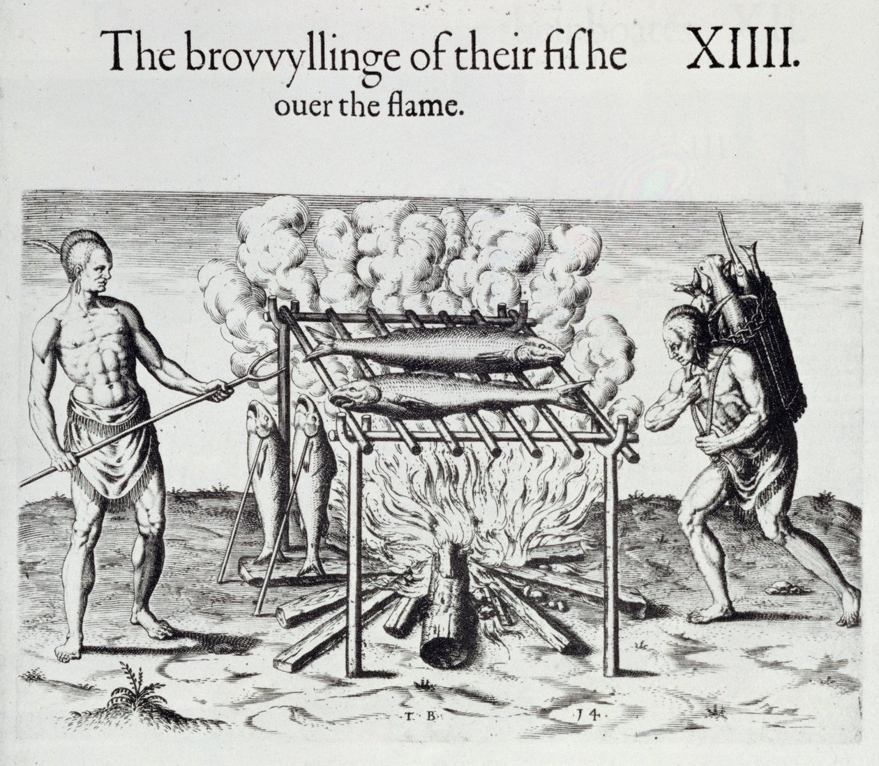 Cozinhar peixe, prato de &39;um breve e verdadeiro relatório da nova terra encontrada da Virgínia&39; por Thomas Harriot (1560-1621) pub. 1590 de John White