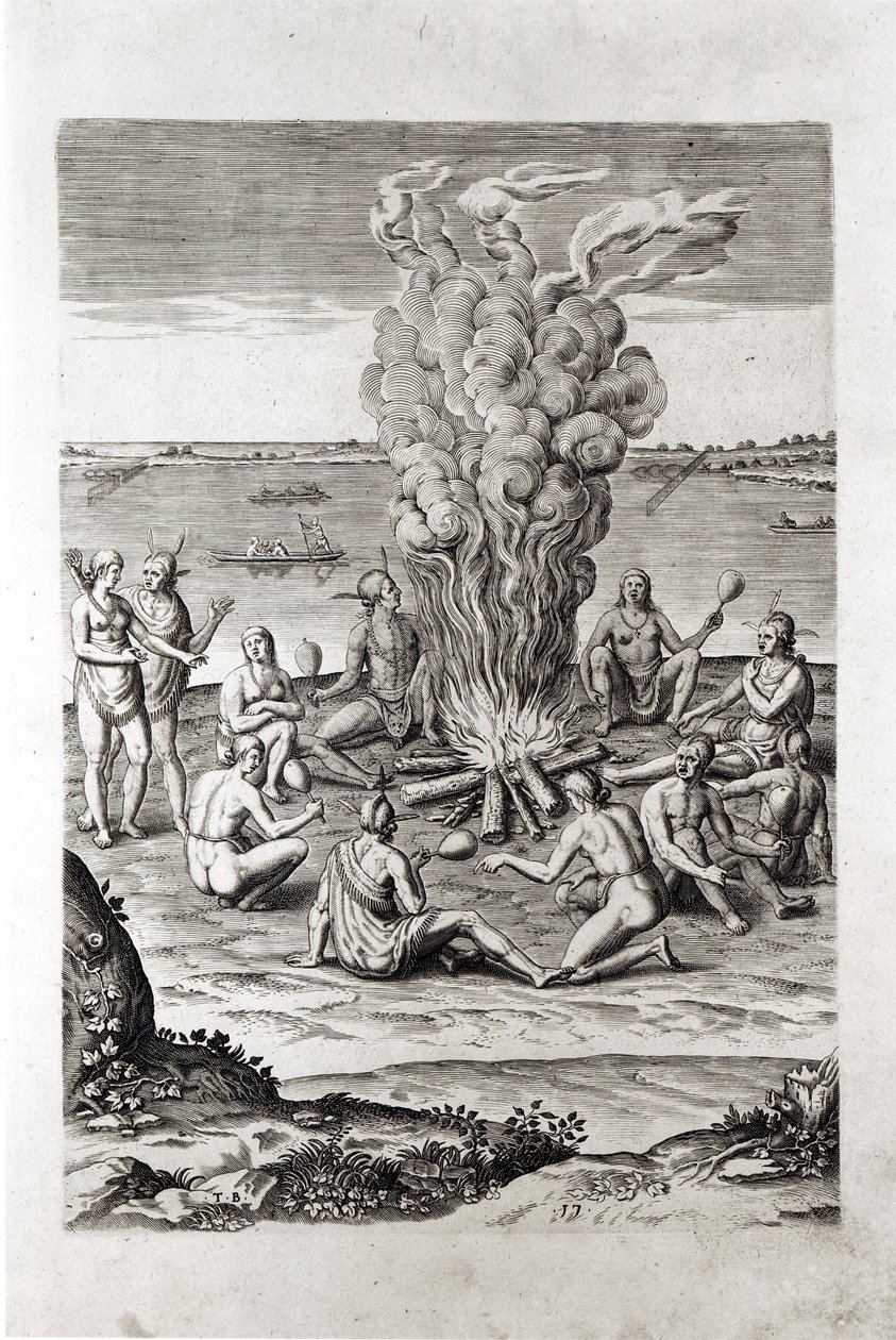 Índios rezando em volta de uma fogueira, gravada em "A Briefe and True Report of ... Virginia", de 1590, de Hariot, gravada por Theodor de Bry (1528-98) de John White