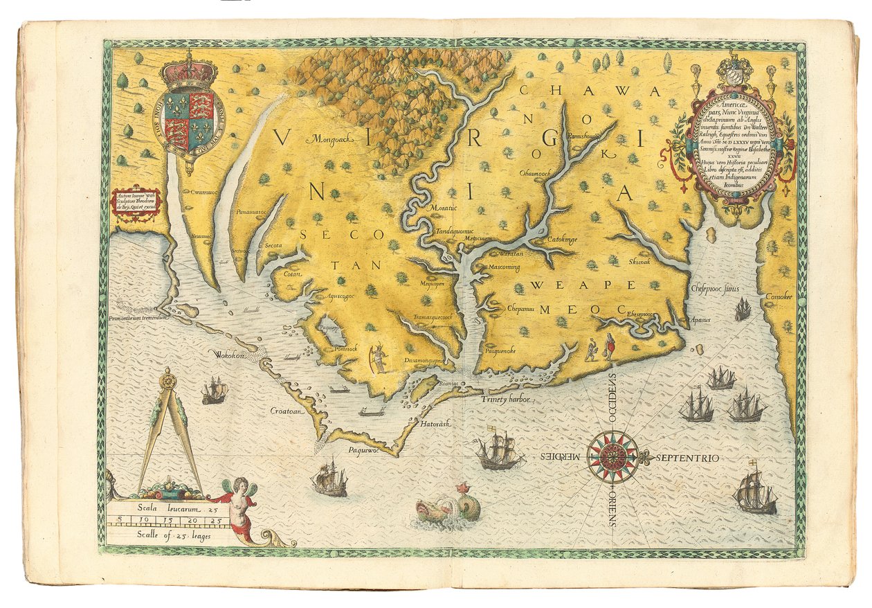 Mapa da Virgínia mostrando a chegada da expedição de Sir Walter Raleigh em 1585, 1590 de John White