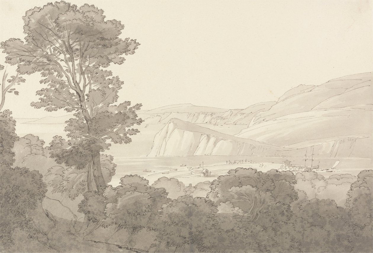Vista de um bosque, com vista para o rio e colinas em Teignmouth, Devon de John White Abbott