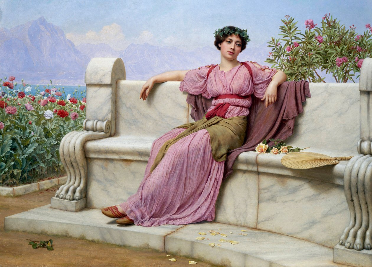 "Tranquilidade" Uma jovem mulher vestida à moda antiga, sentada num banco de mármore num jardim, com um olhar sonhador. Pintura de John William Godward (1861-1922) de John William Godward