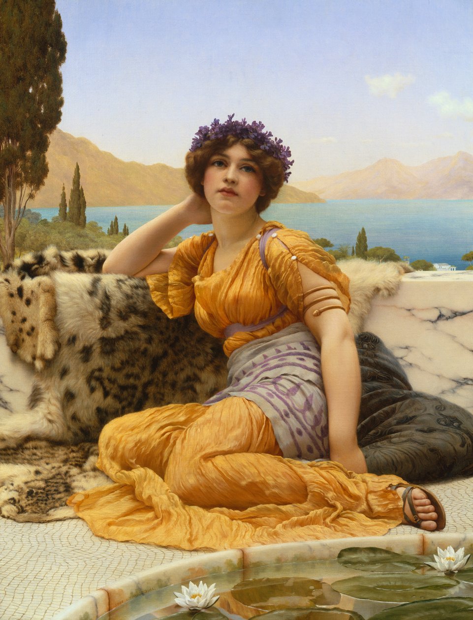 Com violetas coroadas e manto de cor de açafrão de John William Godward