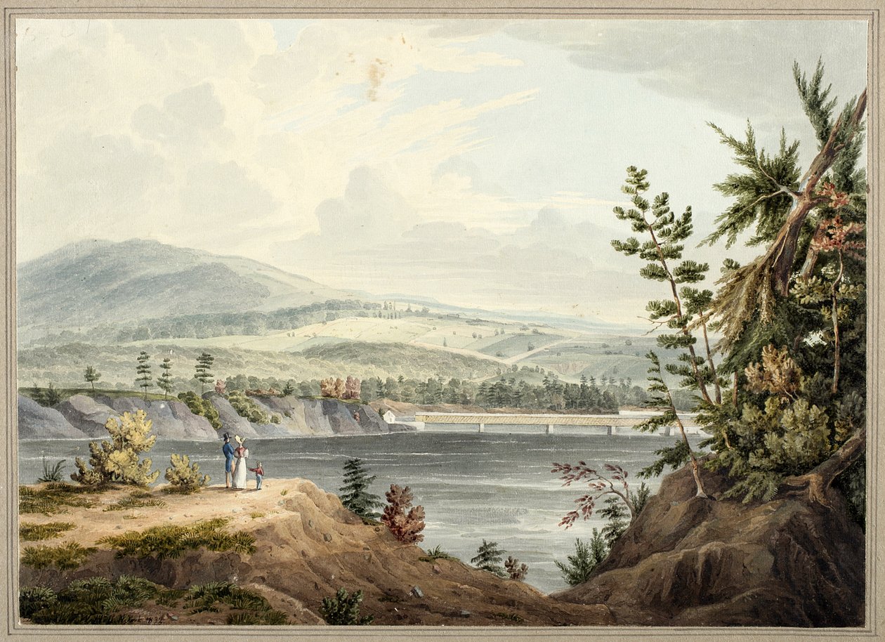 Ponte do Rio Hudson, perto de Waterford, Nova York, 1832 (aquarela, guache, vidros seletivos, grafite e arranhar em papel colocado no cartão) de John William Hill