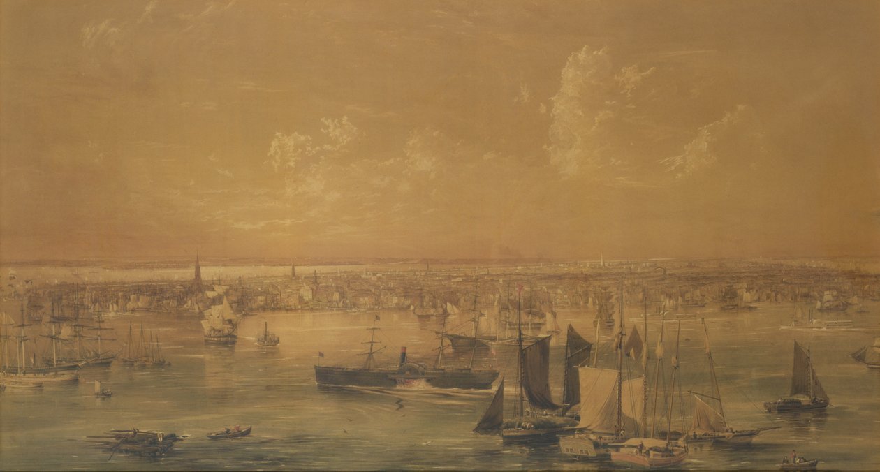 Nova York do East River, 1852 (lavar, guache e grafite) de John William Hill