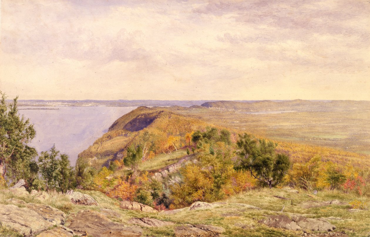 Vista, de, alto, tor, Haverstraw, nova iorque, 1866, (watercolor, e, grafite, ligado, papel, montado, para, card) de John William Hill