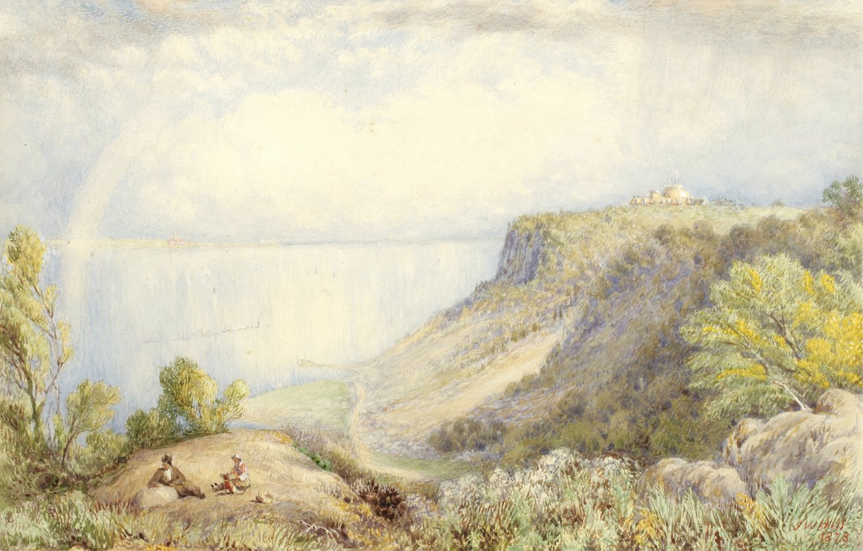 Vista, de, a, rio hudson, de, a, palisades, nova iorque, com, arco íris, 1873 aquarela, de, grafite, e, toques, de, guache, ligado, papel, colocado, ligado, cartão de John William Hill