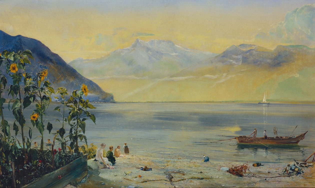 Lago Leman com os Dents du Midi à distância, 1863 de John William Inchbold