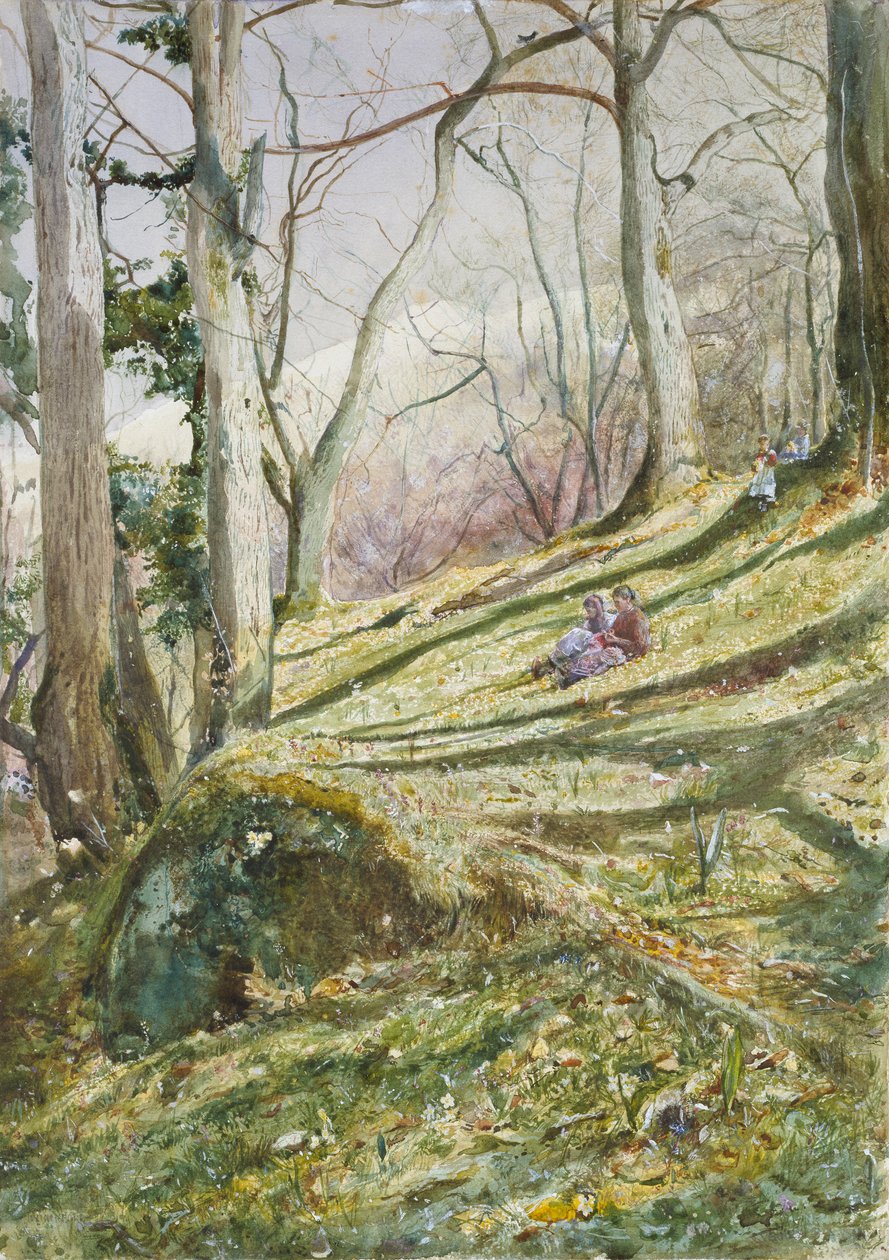 Declive arborizado com quatro figuras, meados do século XIX de John William Inchbold