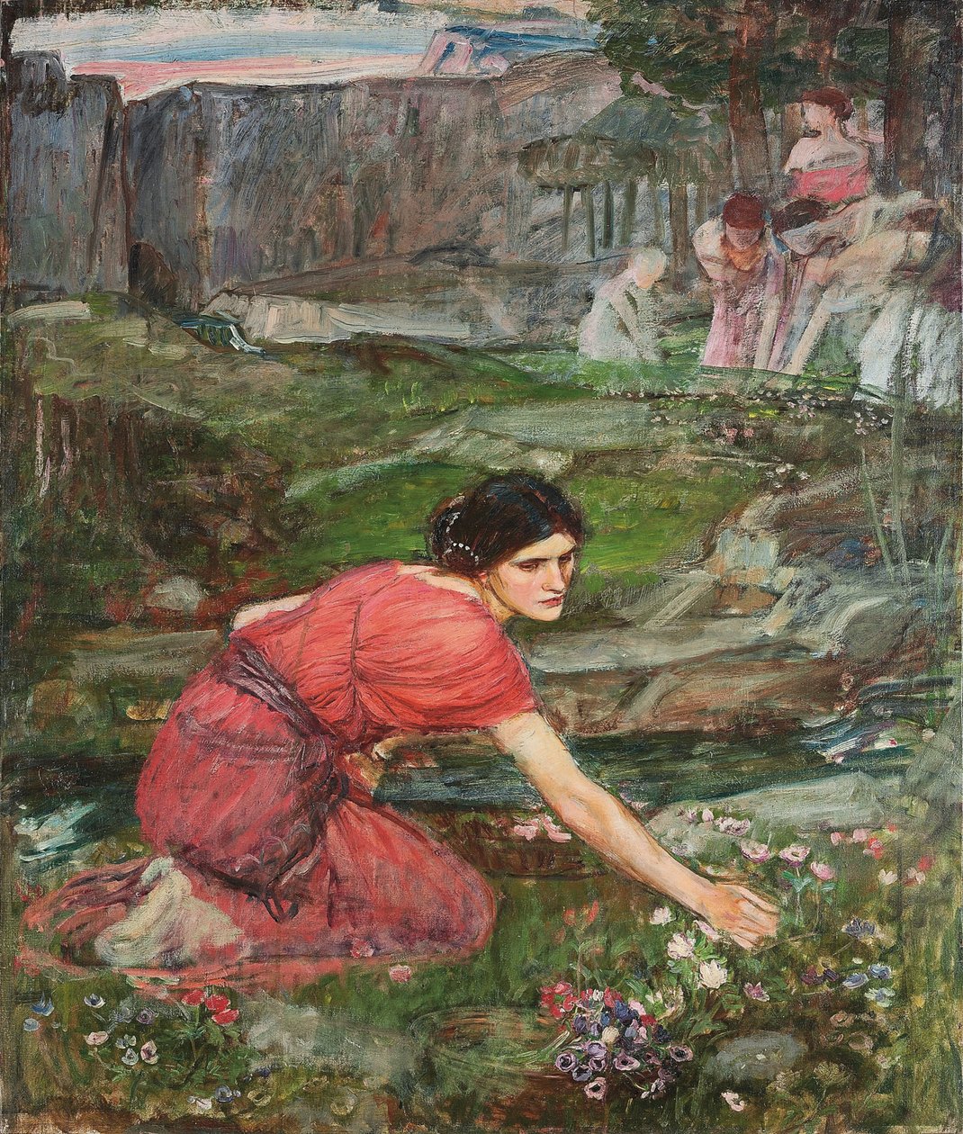 Um estudo: Donzelas colhendo flores em um riacho, c. 1909-1914 de John William Waterhouse