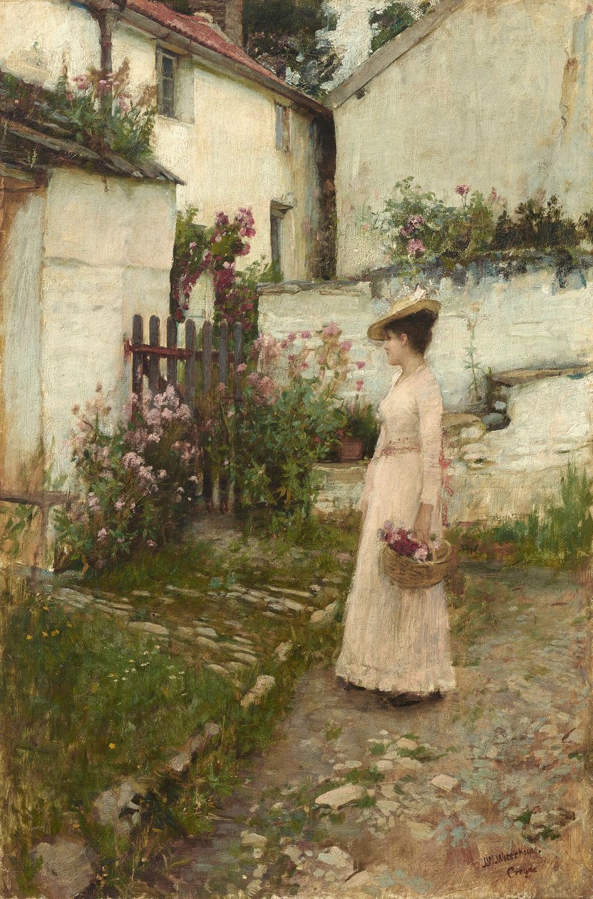 Colher flores num jardim de Devonshire de John William Waterhouse