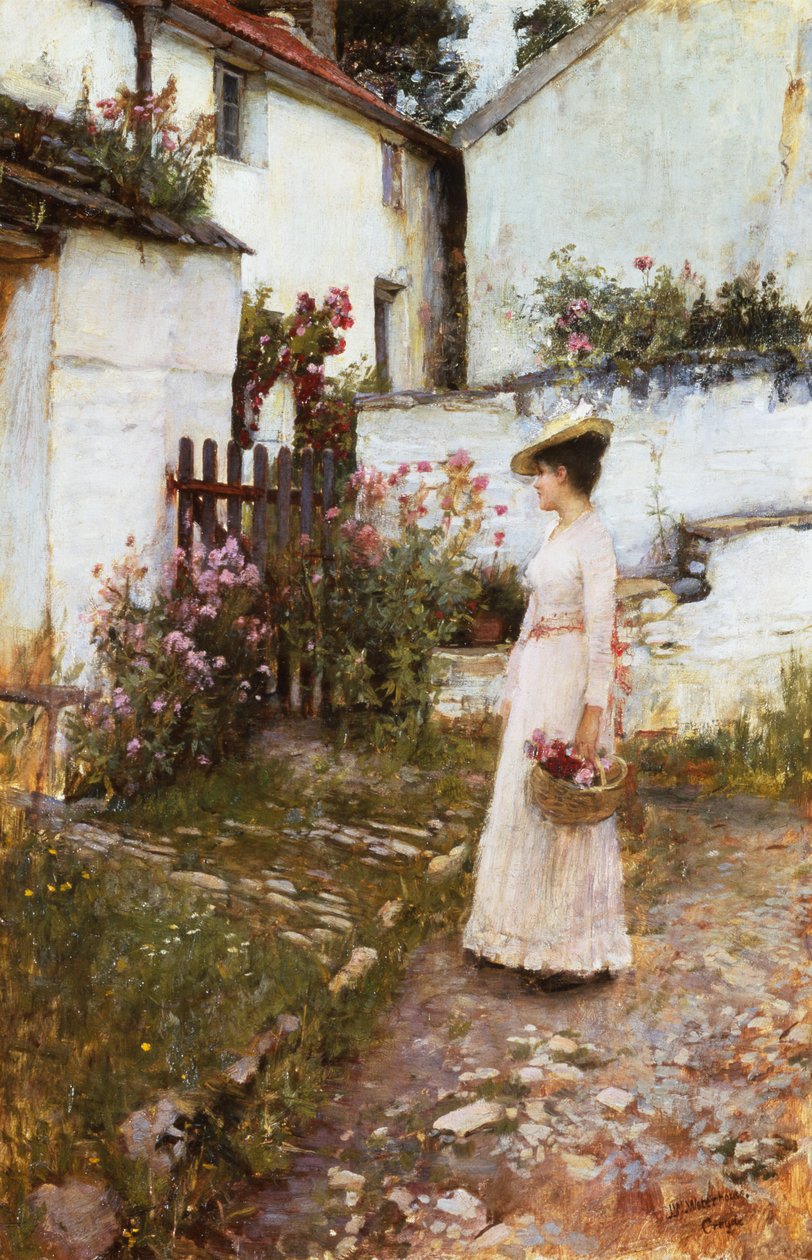 Colhendo flores de verão em um jardim de Devonshire de John William Waterhouse