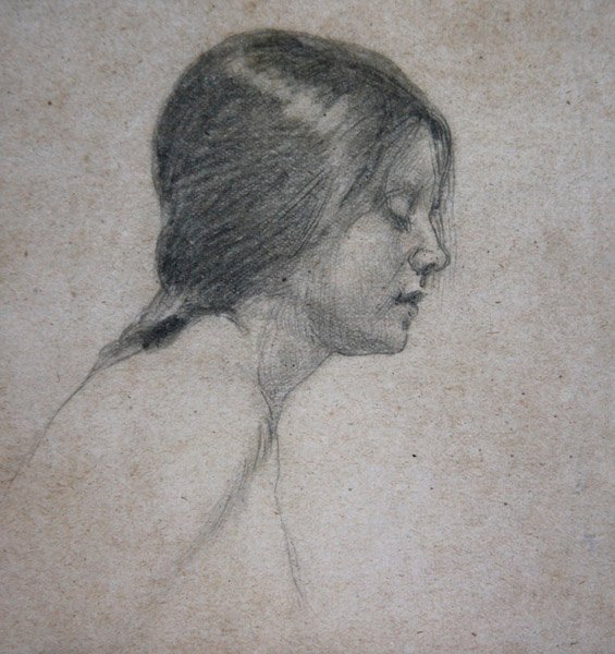 Cabeça de uma Jovem, c.1880 (lápis sobre papel) de John William Waterhouse