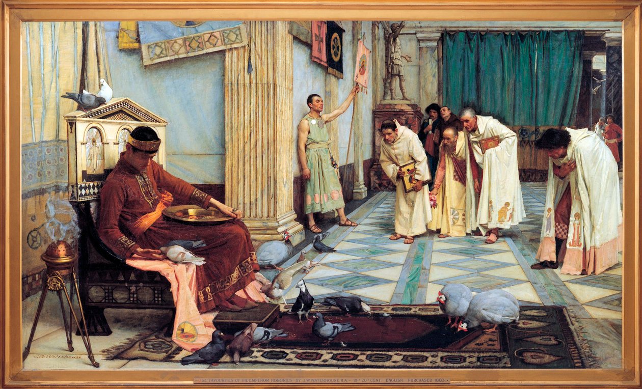 "Os Favoritos do Imperador Honorius Romano Ocidental (384-423)" Representação do imperador alimentando as suas aves enquanto os seus conselheiros se curvam humildemente - Pintura de John William Waterhouse (1849-1917) 1883 Galeria de Arte da Austrália do S de John William Waterhouse