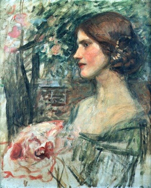 Retrato de uma Senhora com um vestido verde, ou The Bouquet, c.1908 (óleo sobre tela) de John William Waterhouse