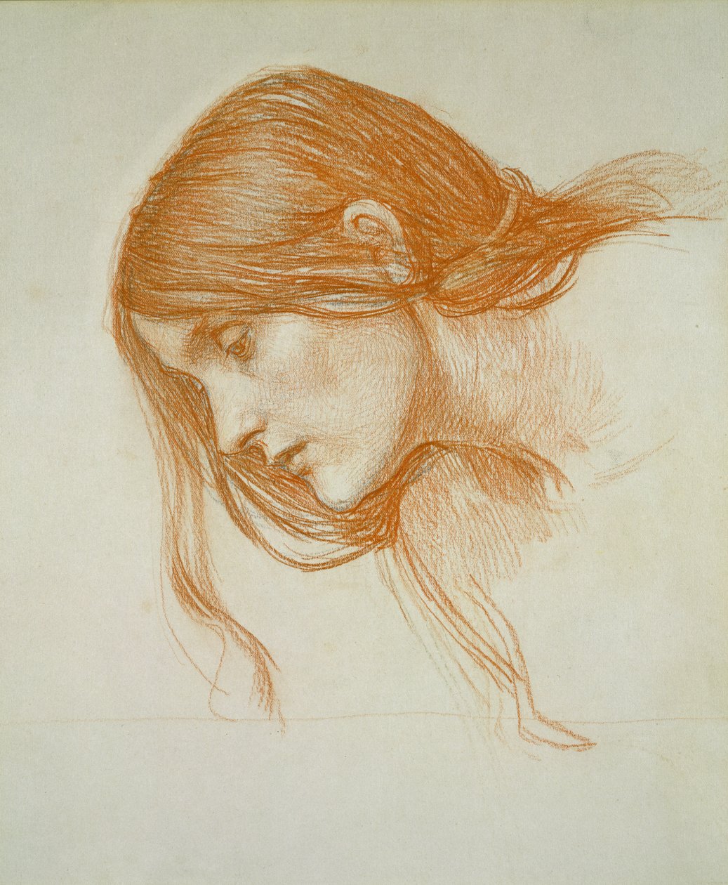 Estudo da cabeça de uma menina (giz vermelho sobre papel) de John William Waterhouse