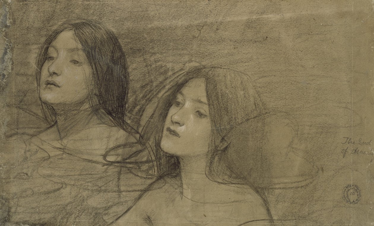 Estudo de duas ninfas para &39;Hylas e as ninfas&39; (giz preto com algum aumento em um papel cinza desbotado) de John William Waterhouse