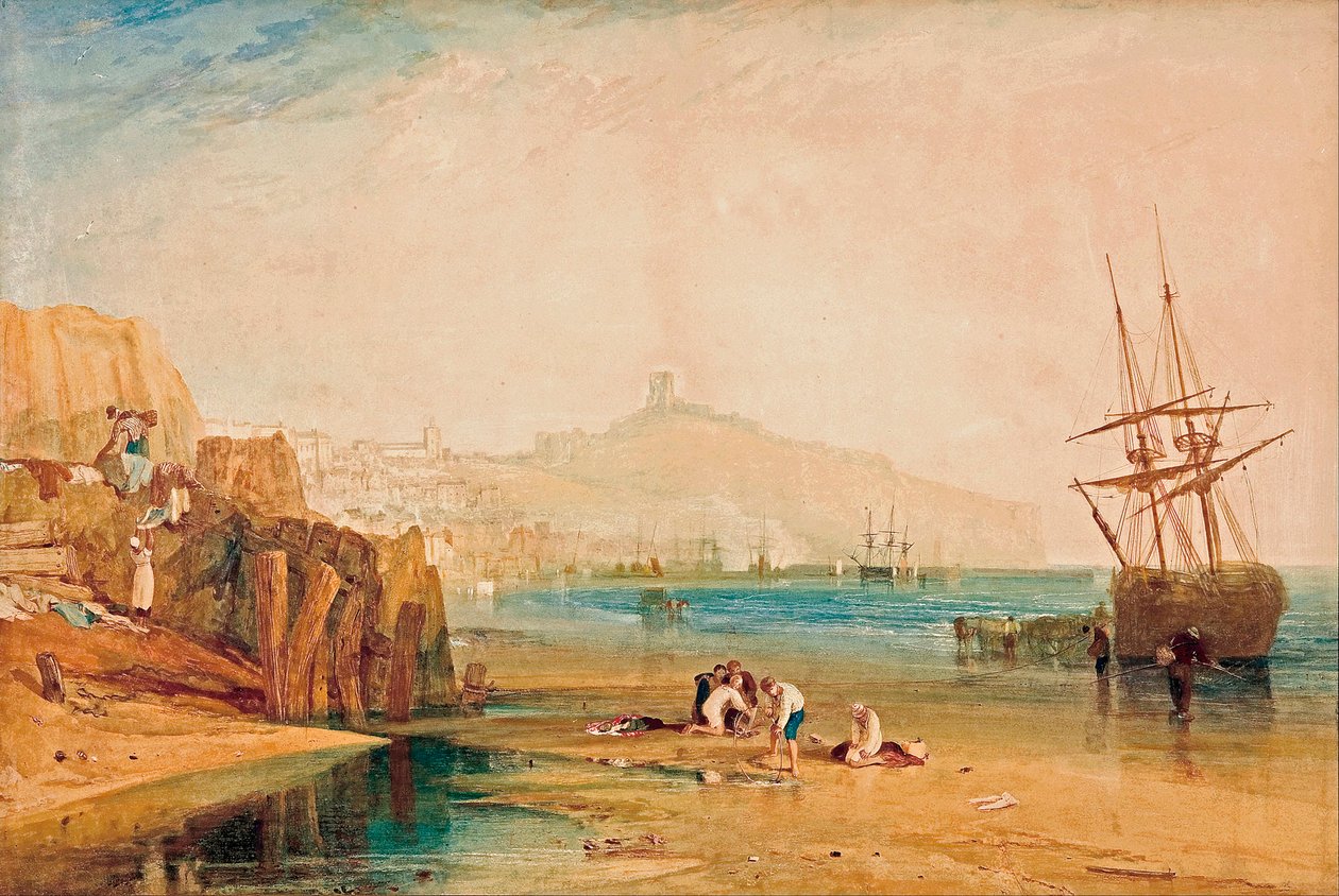 ""Vista de Scarborough no início da manhã, crianças perseguindo caranguejos"" Pintura de Joseph Mallord William Turner (1775-1851) por volta de 1810 Galeria de Arte do Sul da Austrália Adelaide, Austrália de John William Waterhouse