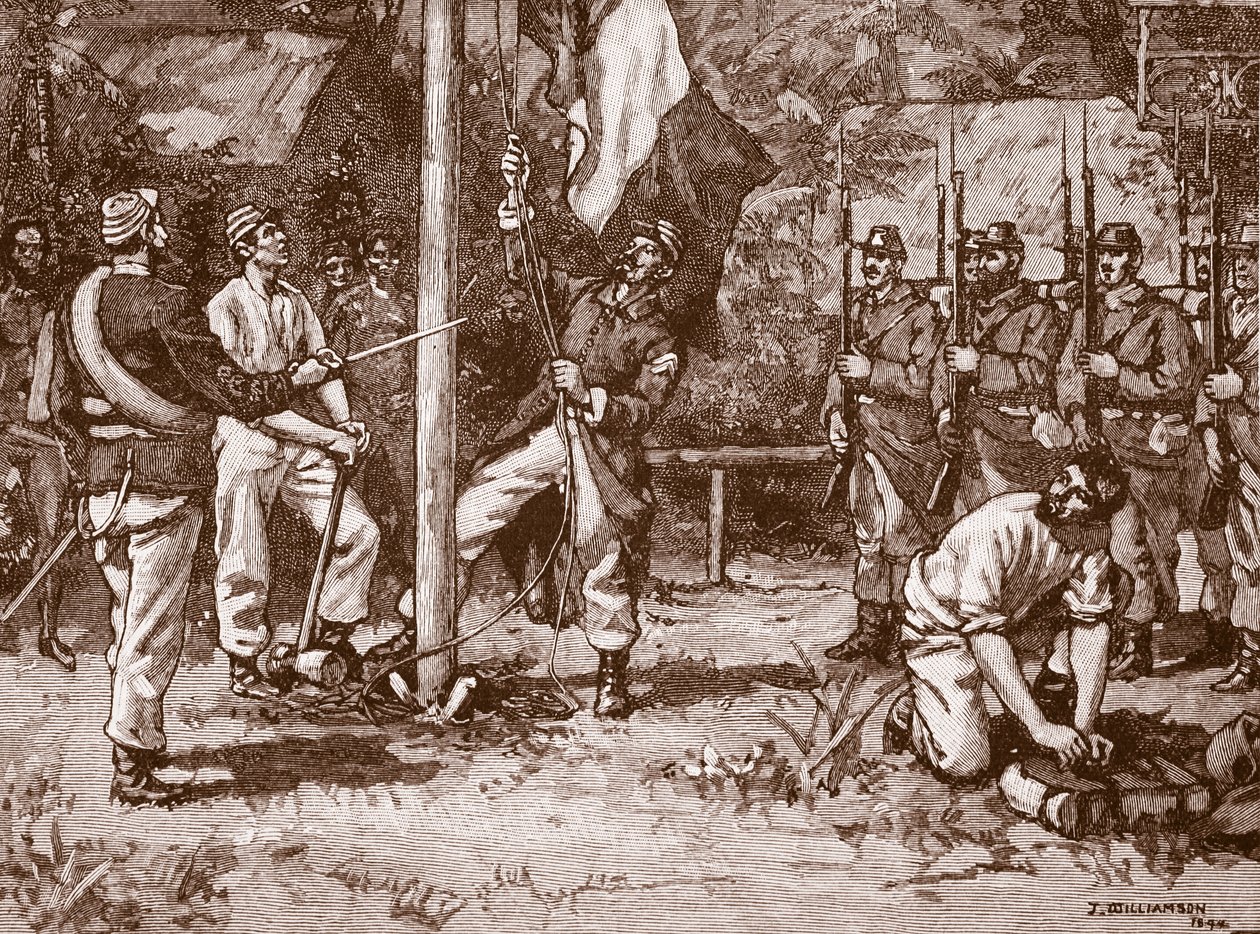 Içando a bandeira francesa nas Hébridas Novas, 1886, ilustração de &39;História Ilustrada de Cassell da Inglaterra&39; (foto sépia) de John Williamson