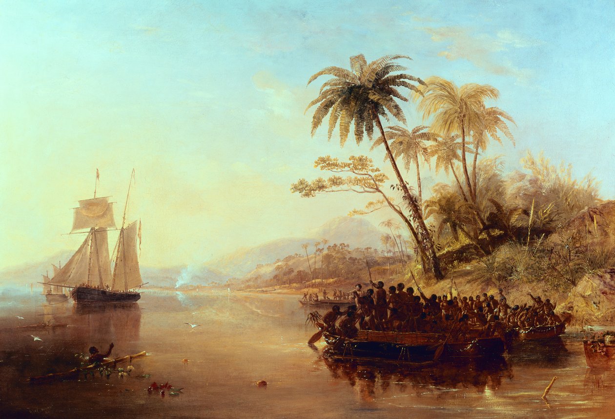 Um navio de topografia britânico no Pacífico Sul, recebido pelos ilhéus em Outrigger Canoes, c.1840 de John Wilson Carmichael