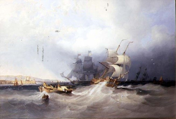 Um Brigadeiro Holandês numa Trincheira Portuária e outros Navios ao largo de um Porto da Costa Leste de John Wilson Carmichael