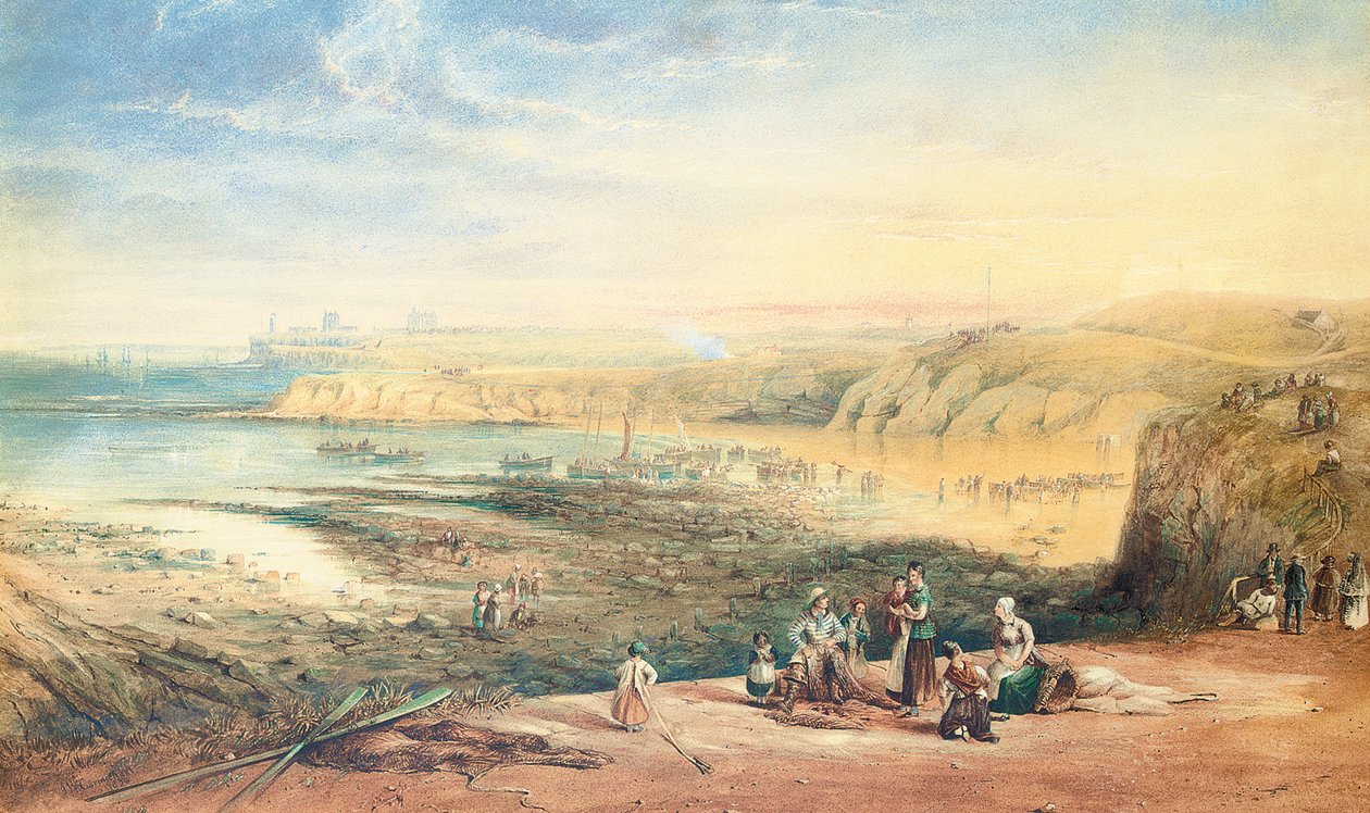 Cullercoats, olhando para Tynemouth, Northumberland, com os pescadores em primeiro plano, 1836 de John Wilson Carmichael