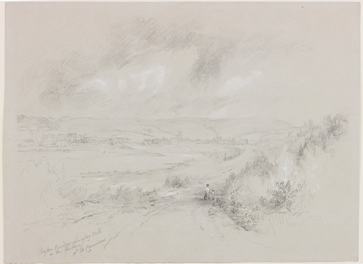 Haydon Bridge, Castelo de Langley à distância (bc e lápis sobre papel) de John Wilson Carmichael