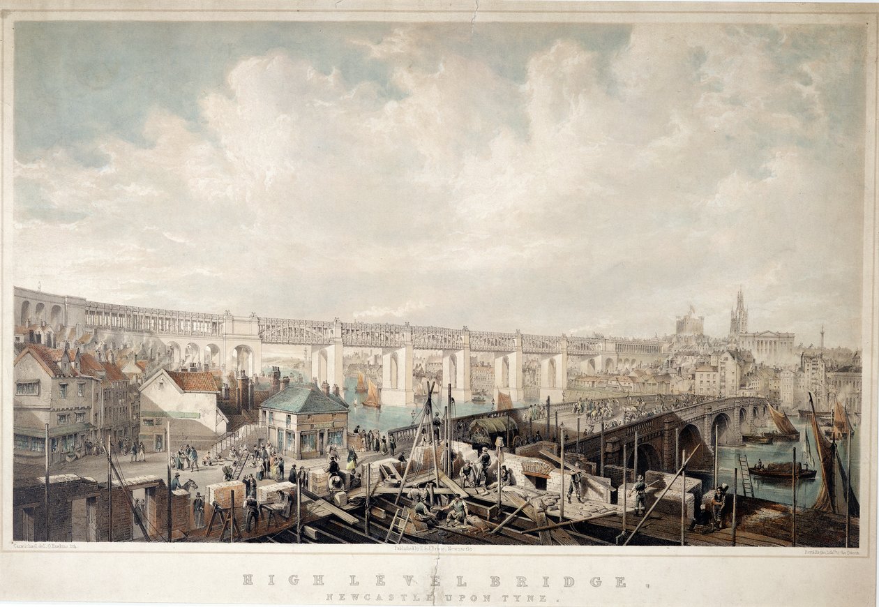 Ponte de alto nível, Newcastle upon Tyne, gravada por George Hawkins (1819-1852) (litografia colorida à mão) de John Wilson Carmichael