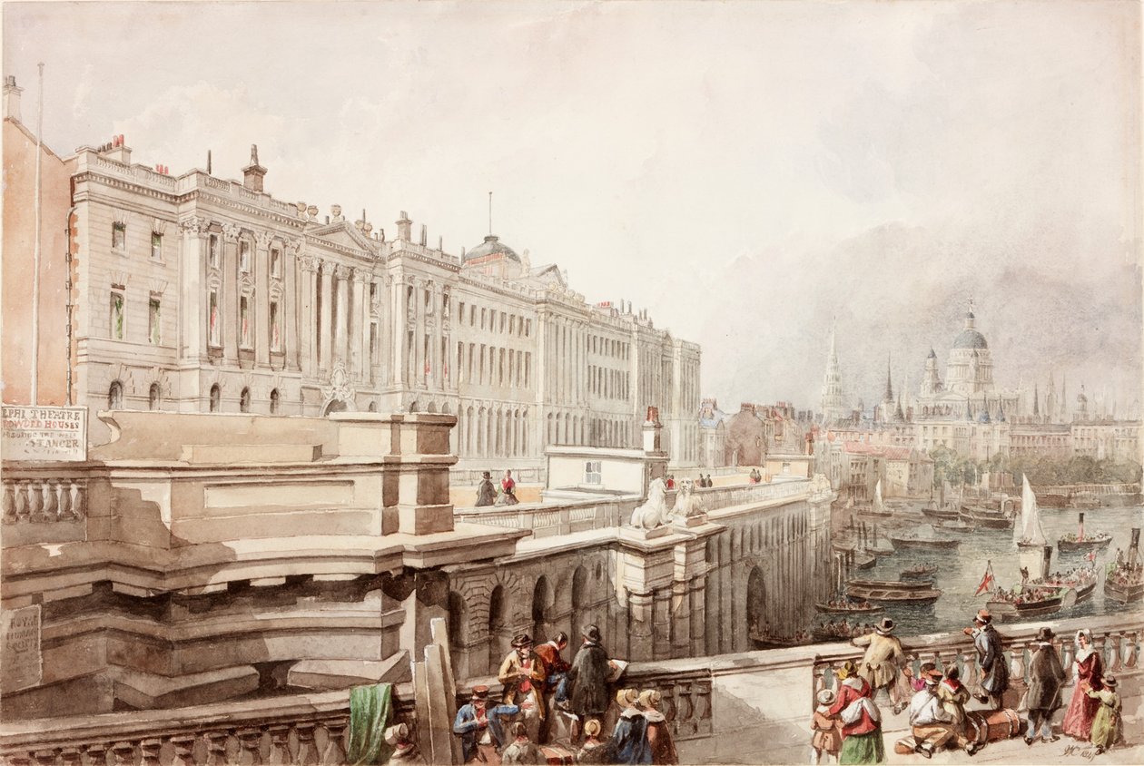 Somerset House e St Pauls da Ponte de Waterloo (bodycolour) de John Wilson Carmichael
