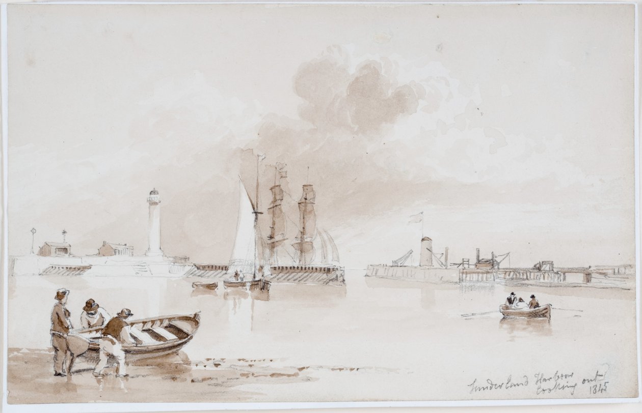Porto de Sunderland olhando para fora (lápis e aquarela em papel (no papel)) de John Wilson Carmichael