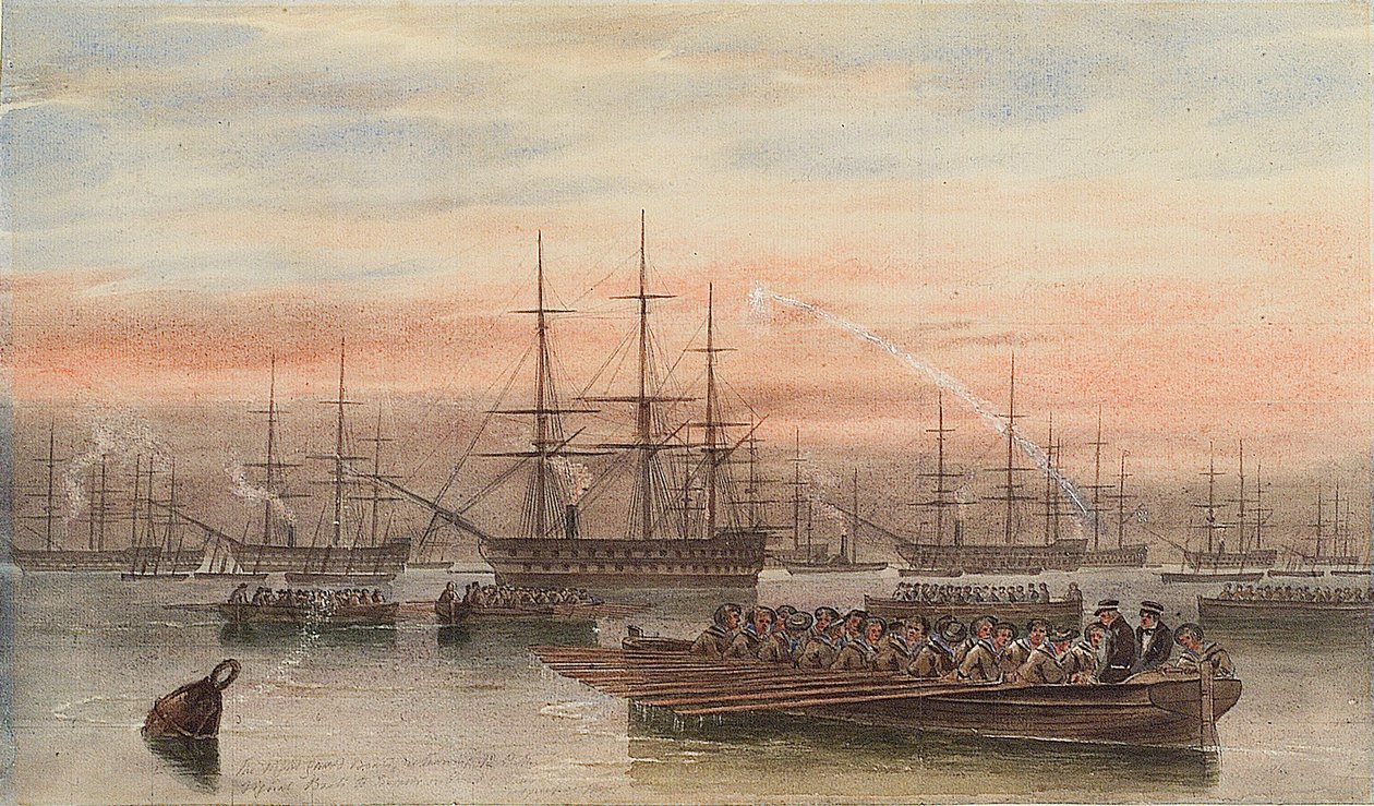 A frota do Báltico à noite com os barcos em primeiro plano de John Wilson Carmichael