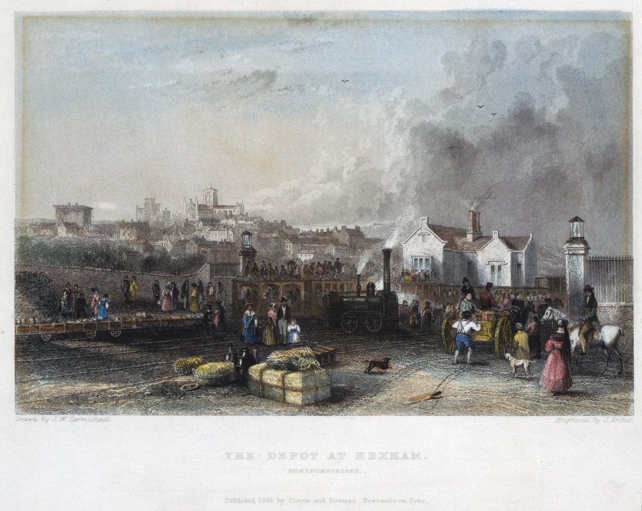 O depósito em Hexham, Newcastle e Carlisle Railway, gravado por J. Archer, 1836 de John Wilson Carmichael