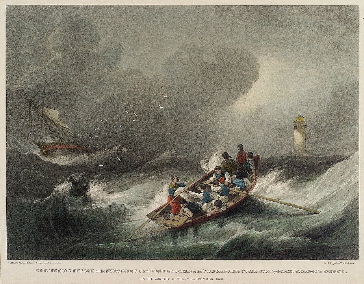 O salvamento heroico dos passageiros e da tripulação do navio a vapor Forfarshire, por Grace Darling e o seu pai, na manhã de 7 de setembro de John Wilson Carmichael